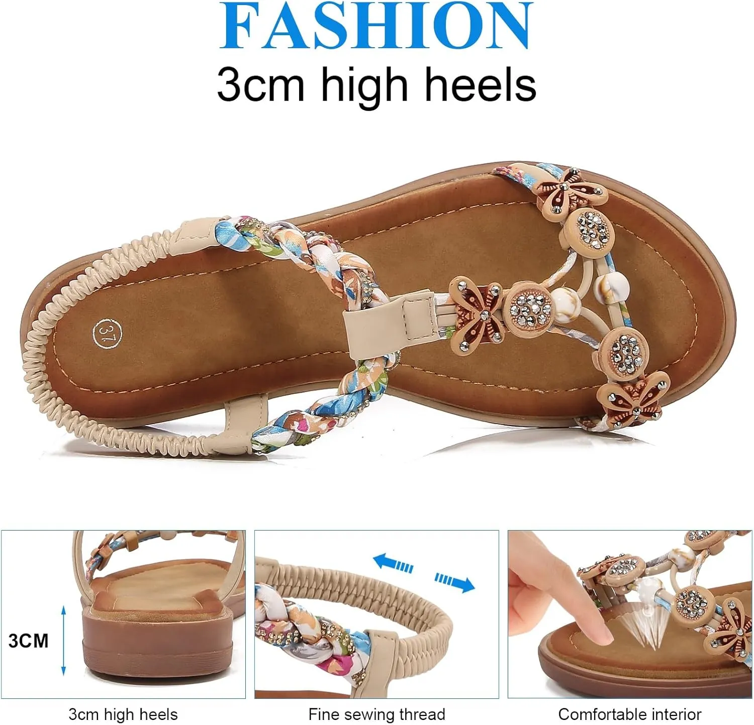 KUNWFNIX Womens Sandals Comfortable Summer Dressy Flat Sandals Bohemian Clip Toe Leather Upholstery T-Strap Flip Flop Thong Sandals