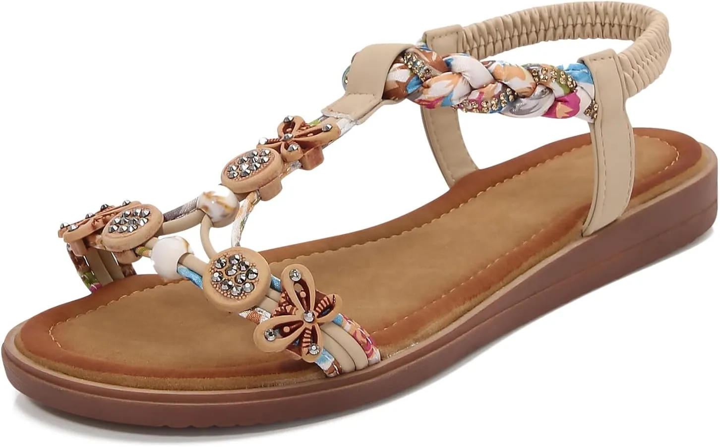 KUNWFNIX Womens Sandals Comfortable Summer Dressy Flat Sandals Bohemian Clip Toe Leather Upholstery T-Strap Flip Flop Thong Sandals