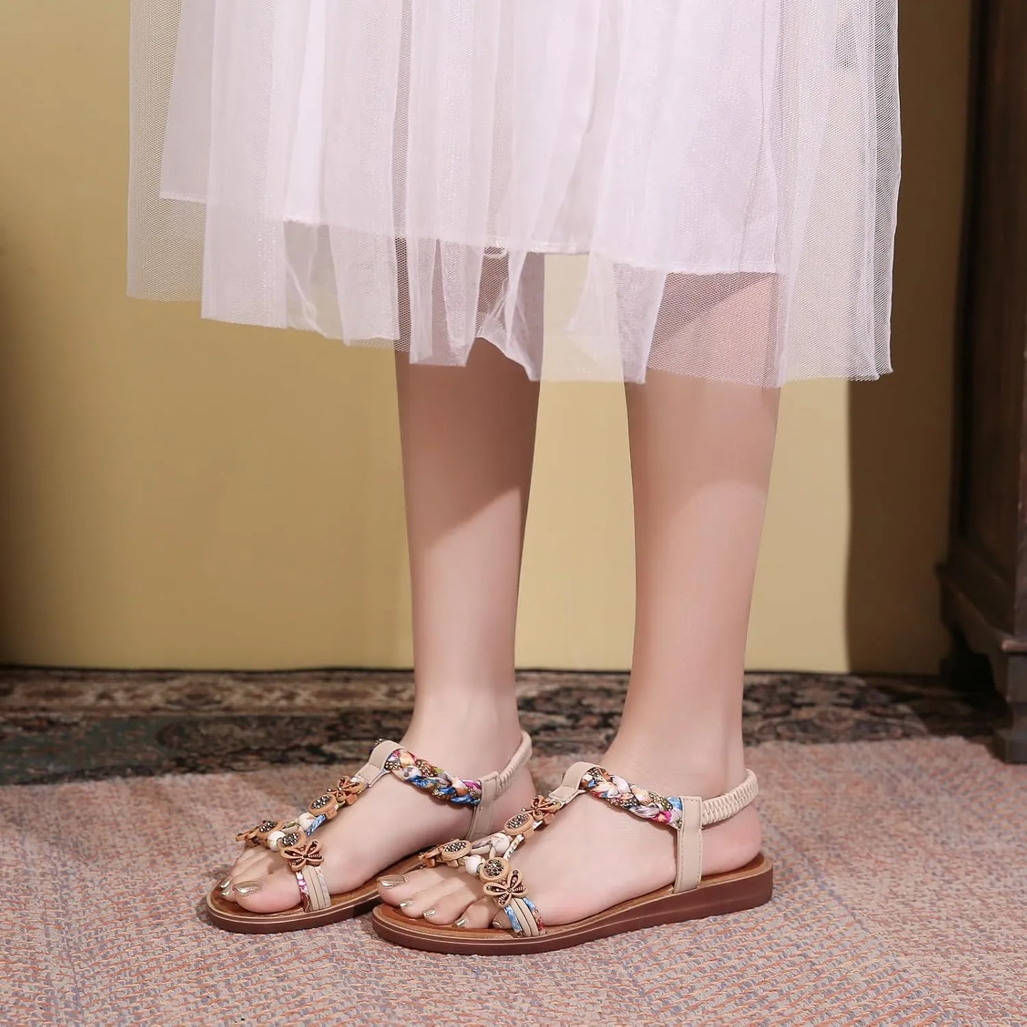 KUNWFNIX Womens Sandals Comfortable Summer Dressy Flat Sandals Bohemian Clip Toe Leather Upholstery T-Strap Flip Flop Thong Sandals