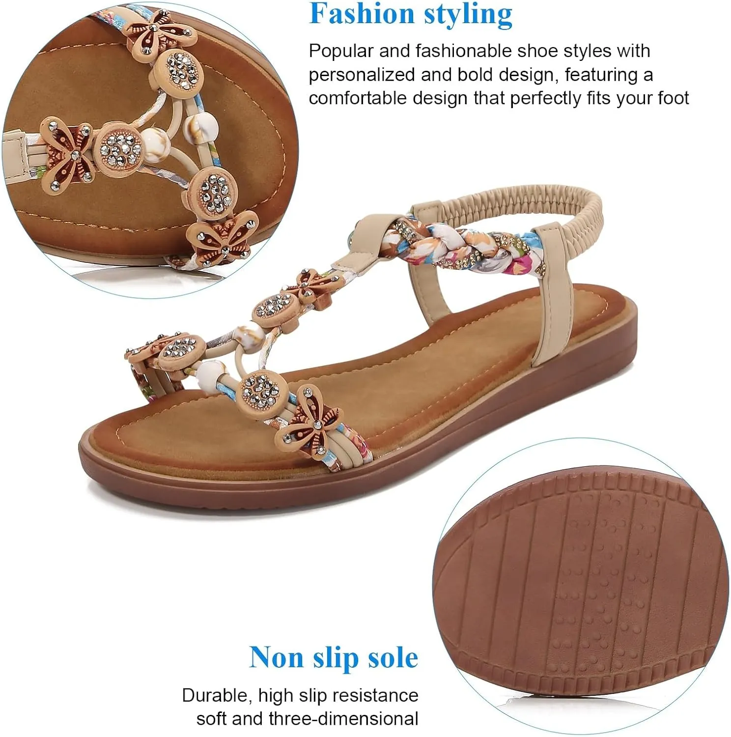 KUNWFNIX Womens Sandals Comfortable Summer Dressy Flat Sandals Bohemian Clip Toe Leather Upholstery T-Strap Flip Flop Thong Sandals