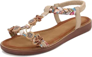 KUNWFNIX Womens Sandals Comfortable Summer Dressy Flat Sandals Bohemian Clip Toe Leather Upholstery T-Strap Flip Flop Thong Sandals
