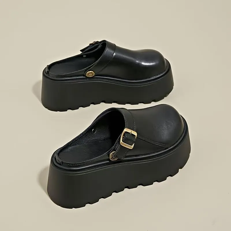 Ladies' Thick-Soled Height-Increasing Slippers with Sponge Cake, Lazy Person's one-Foot Kick, Toe Cover, Half-Drag, Single Shoes