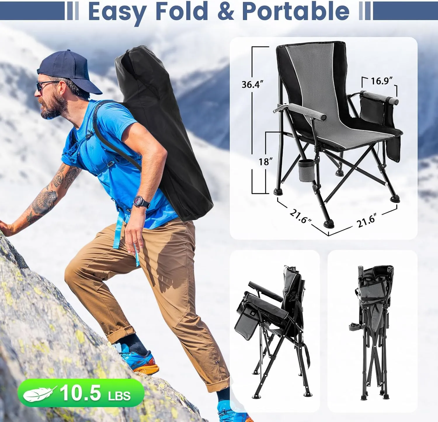 Lamberia Camping Chairs, Portable Heated Folding Chairs for Outdoor Sports, Heavy Duty Lawn Chairs for Adults Support 400lbs, Heated Camp Chair with Cup Holder,Grey(2 Battery Pack Required)