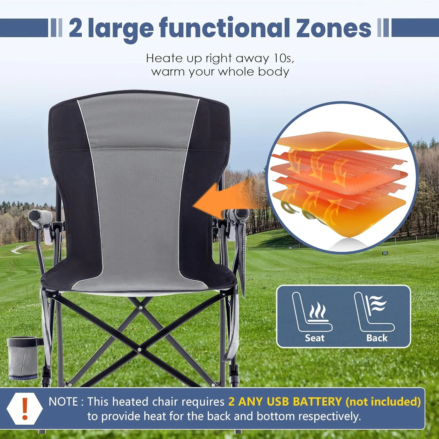 Lamberia Camping Chairs, Portable Heated Folding Chairs for Outdoor Sports, Heavy Duty Lawn Chairs for Adults Support 400lbs, Heated Camp Chair with Cup Holder,Grey(2 Battery Pack Required)
