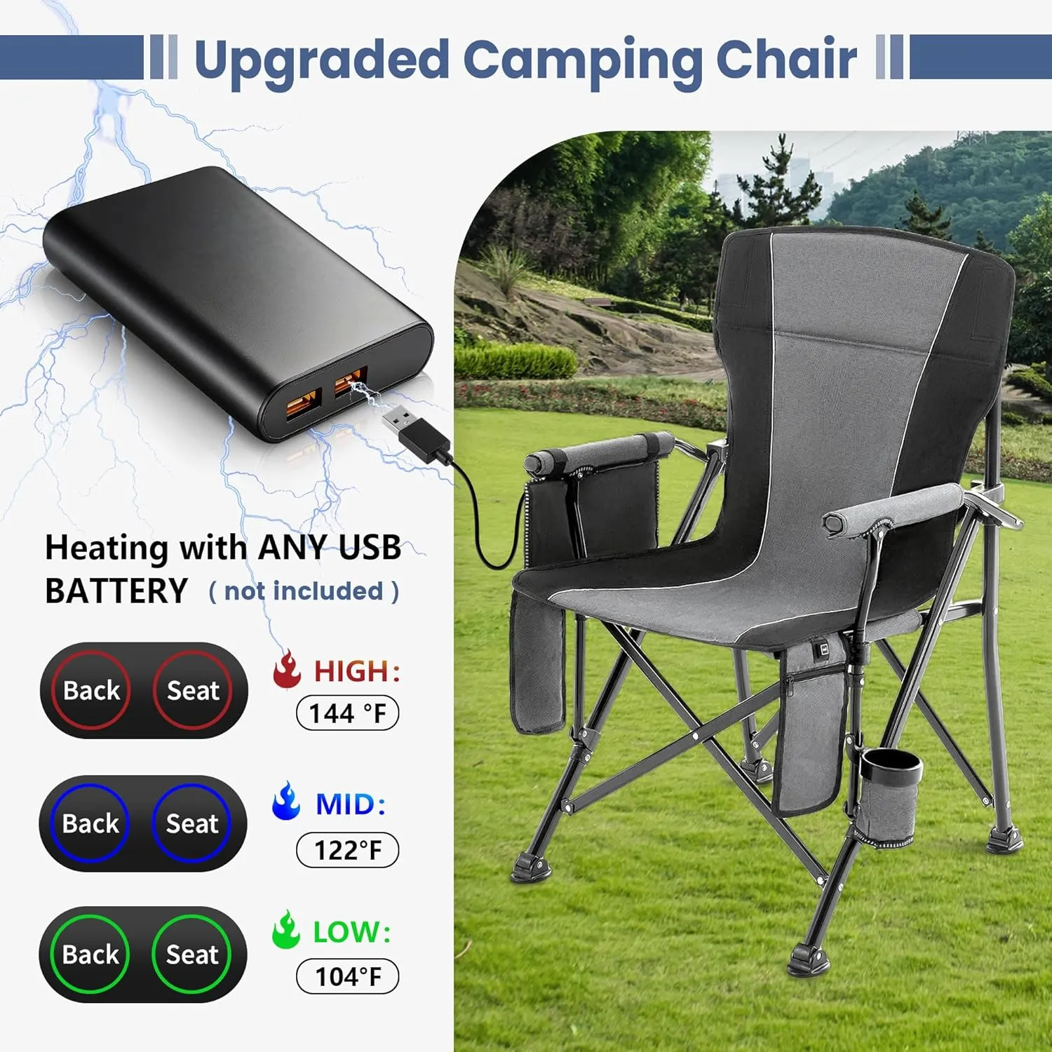 Lamberia Camping Chairs, Portable Heated Folding Chairs for Outdoor Sports, Heavy Duty Lawn Chairs for Adults Support 400lbs, Heated Camp Chair with Cup Holder,Grey(2 Battery Pack Required)