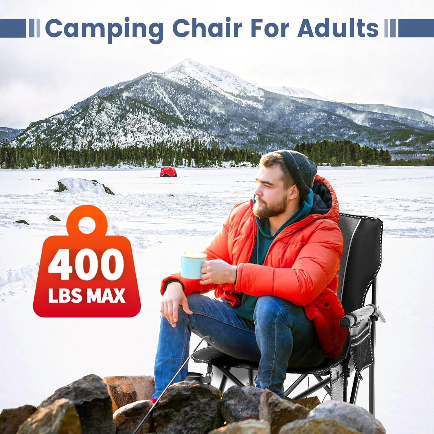 Lamberia Camping Chairs, Portable Heated Folding Chairs for Outdoor Sports, Heavy Duty Lawn Chairs for Adults Support 400lbs, Heated Camp Chair with Cup Holder,Grey(2 Battery Pack Required)