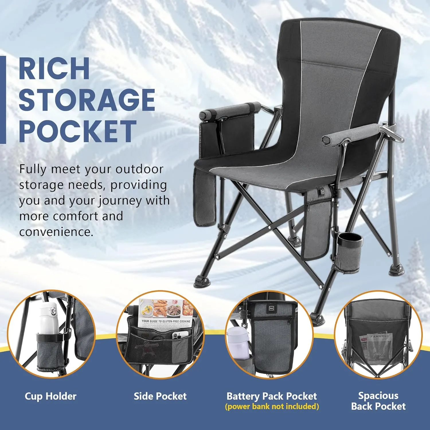 Lamberia Camping Chairs, Portable Heated Folding Chairs for Outdoor Sports, Heavy Duty Lawn Chairs for Adults Support 400lbs, Heated Camp Chair with Cup Holder,Grey(2 Battery Pack Required)