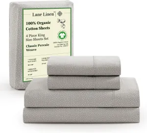LANE LINEN 100% Organic Cotton Sheets King Size, Low Pilling Fade Resistant Machine Washable Naturally Cooling King Bedding Set, Soft & Comfy Sustainably Produced Cotton Sheets - Snowdrop
