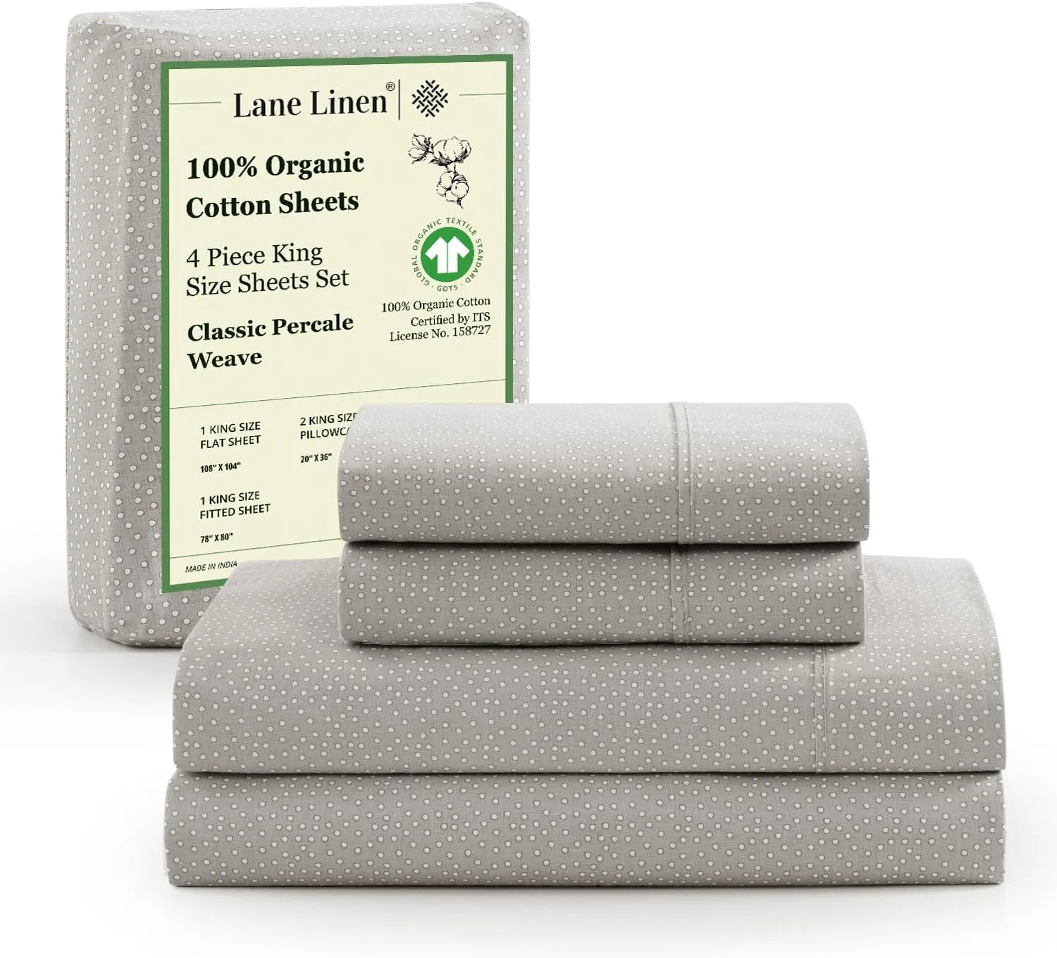 LANE LINEN 100% Organic Cotton Sheets King Size, Low Pilling Fade Resistant Machine Washable Naturally Cooling King Bedding Set, Soft & Comfy Sustainably Produced Cotton Sheets - Snowdrop