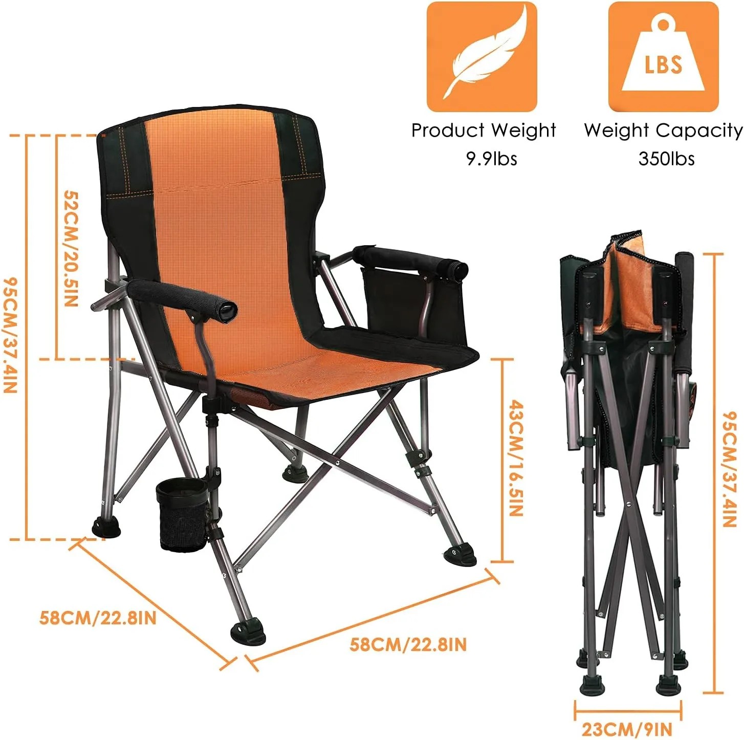 LEADALLWAY Folding Camping Chair Oversized Collapsible Camp Chair with Cup Holder and Removable Storage Bag, Heavy Duty Support 350 LBS, Portable Lawn Chair for Outdoor Camp, Picnic, Travel, Fishing