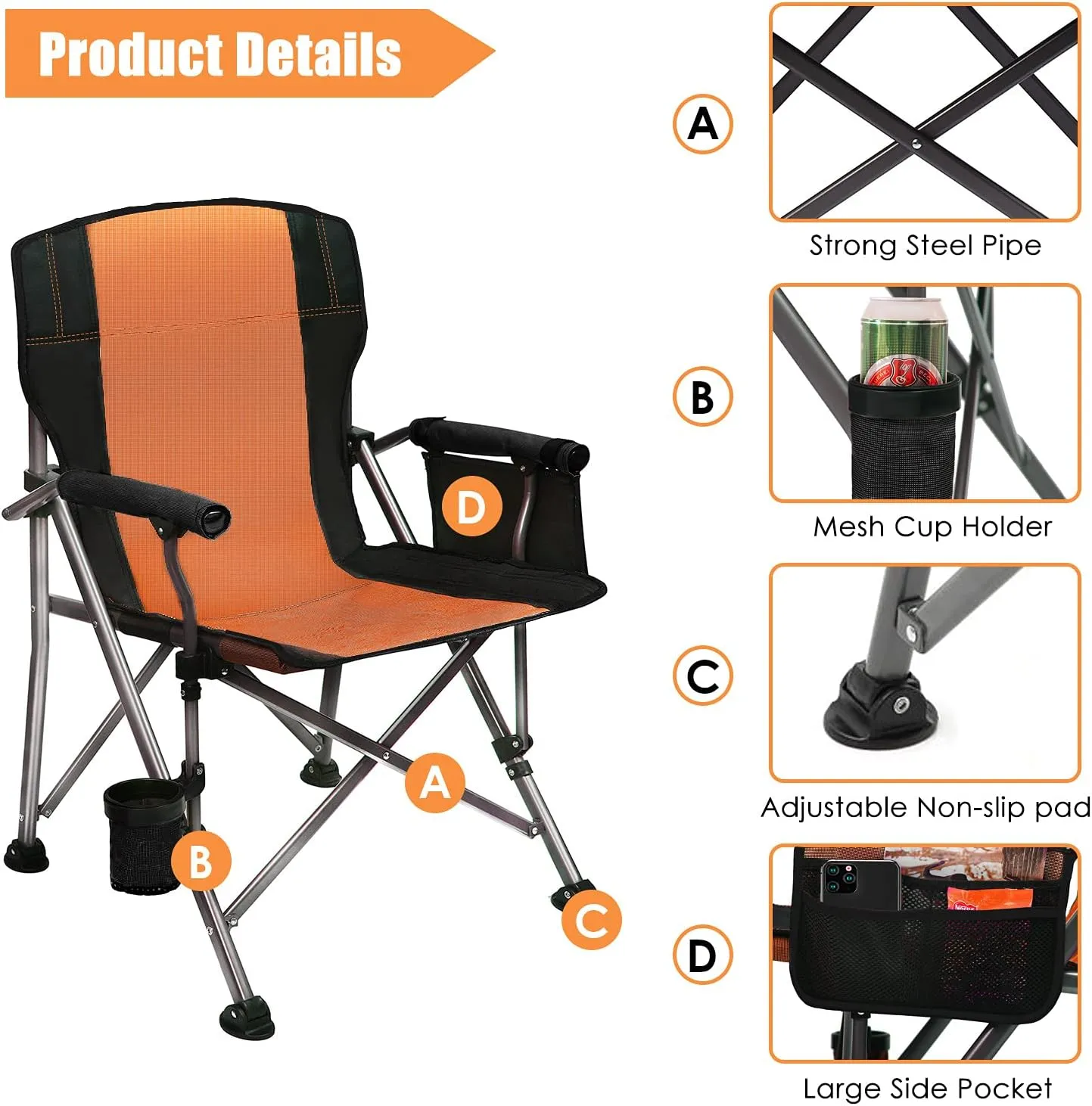 LEADALLWAY Folding Camping Chair Oversized Collapsible Camp Chair with Cup Holder and Removable Storage Bag, Heavy Duty Support 350 LBS, Portable Lawn Chair for Outdoor Camp, Picnic, Travel, Fishing
