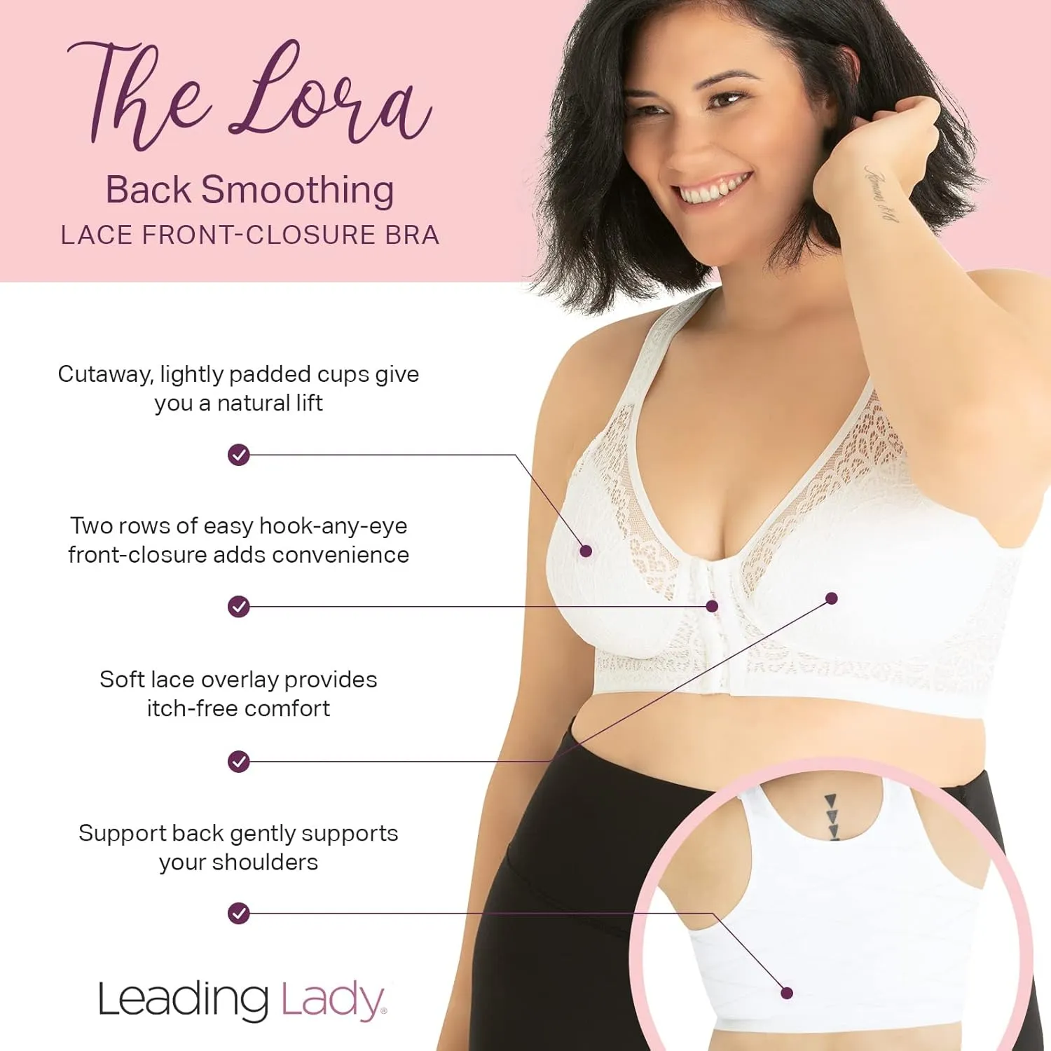 LEADING LADY, The Lora, Wireless Bra, Seamless Flat Back, Front-Closure, Lace Overlay, Lightly Padded Cups, Side Smoothing