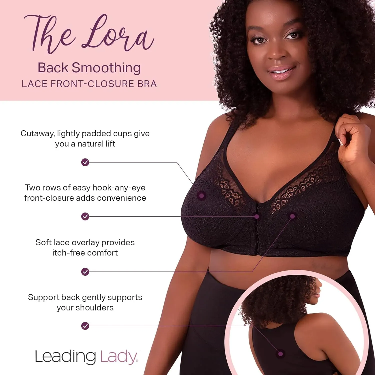 LEADING LADY, The Lora, Wireless Bra, Seamless Flat Back, Front-Closure, Lace Overlay, Lightly Padded Cups, Side Smoothing