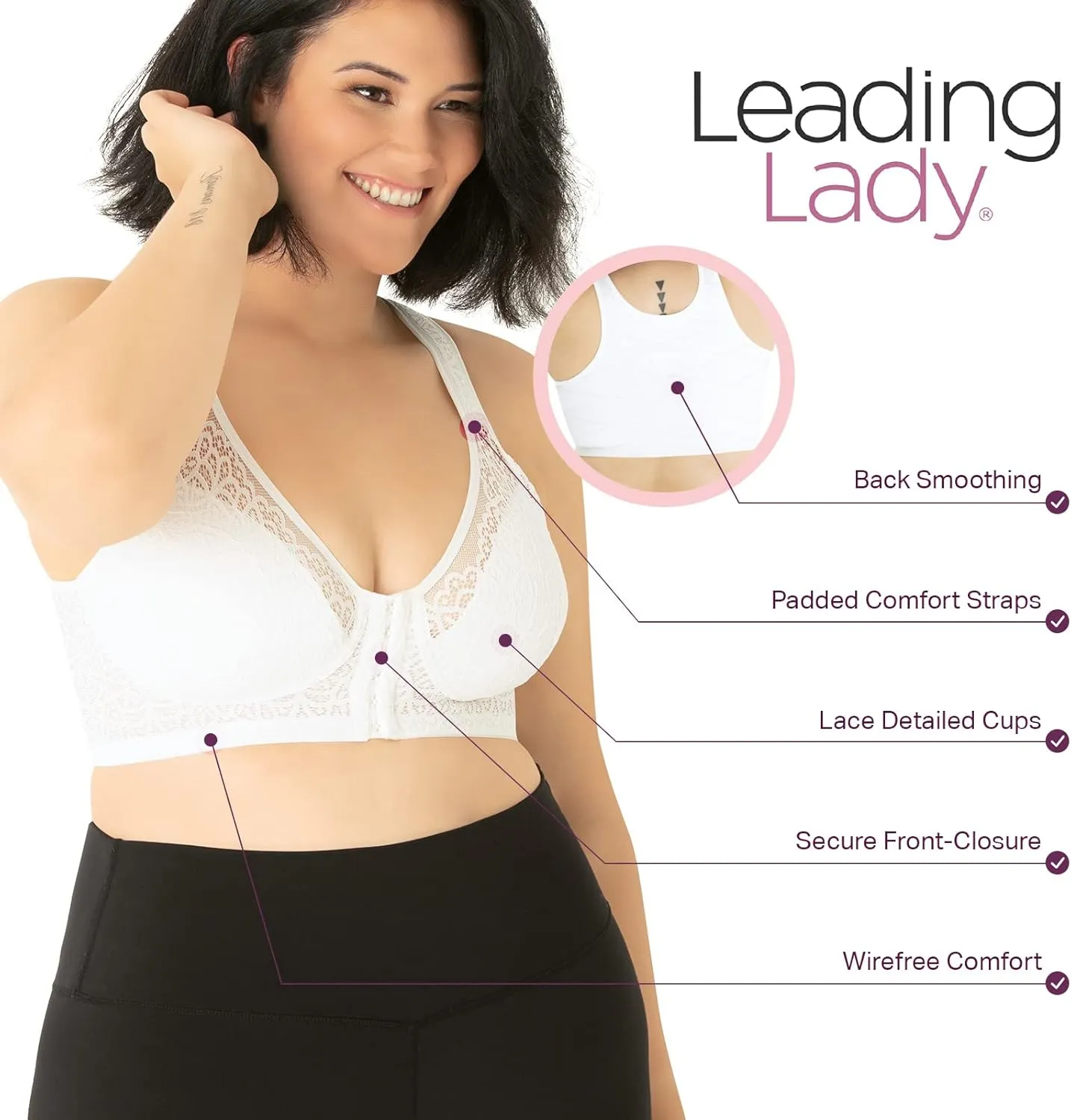 LEADING LADY, The Lora, Wireless Bra, Seamless Flat Back, Front-Closure, Lace Overlay, Lightly Padded Cups, Side Smoothing