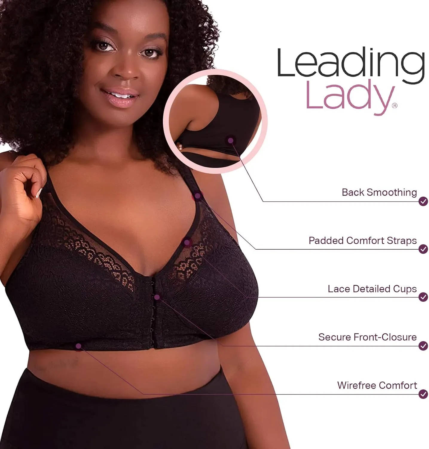 LEADING LADY, The Lora, Wireless Bra, Seamless Flat Back, Front-Closure, Lace Overlay, Lightly Padded Cups, Side Smoothing