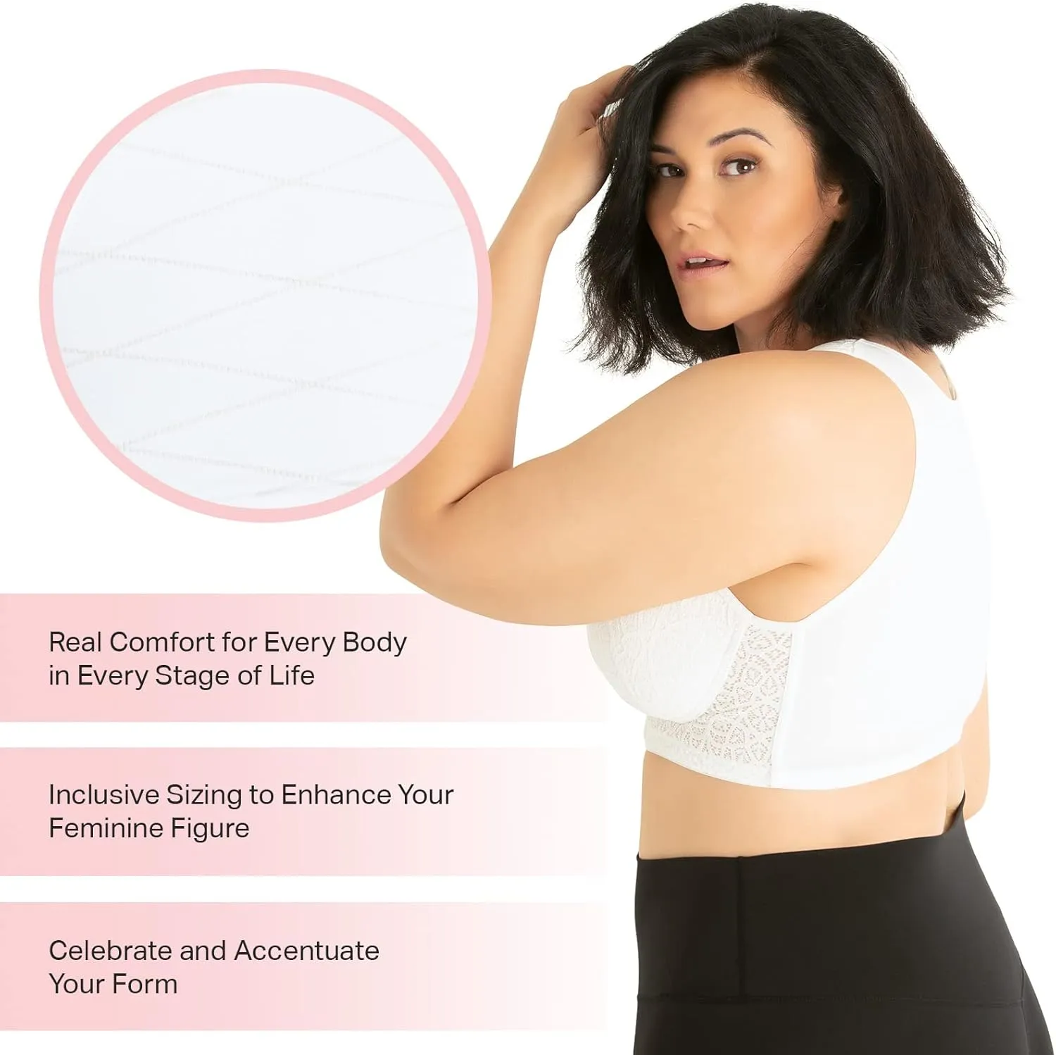 LEADING LADY, The Lora, Wireless Bra, Seamless Flat Back, Front-Closure, Lace Overlay, Lightly Padded Cups, Side Smoothing