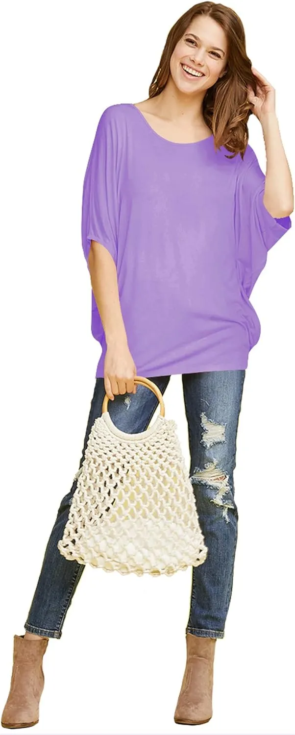Lock and Love Women's Solid Scoop Neck Short Sleeve Loose Blouse Batwing Dolman Top Oversize