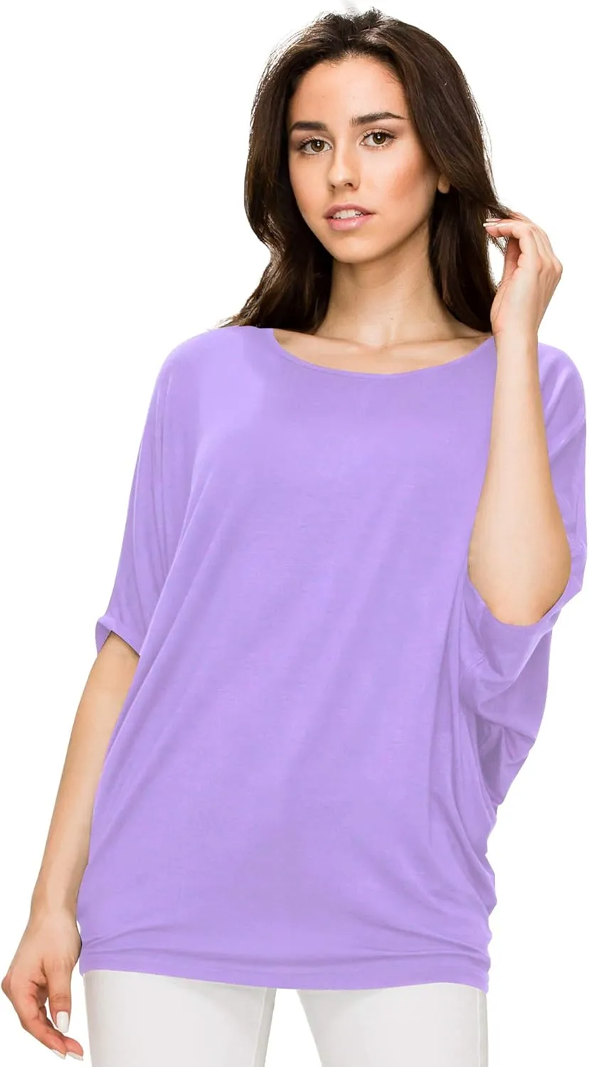 Lock and Love Women's Solid Scoop Neck Short Sleeve Loose Blouse Batwing Dolman Top Oversize