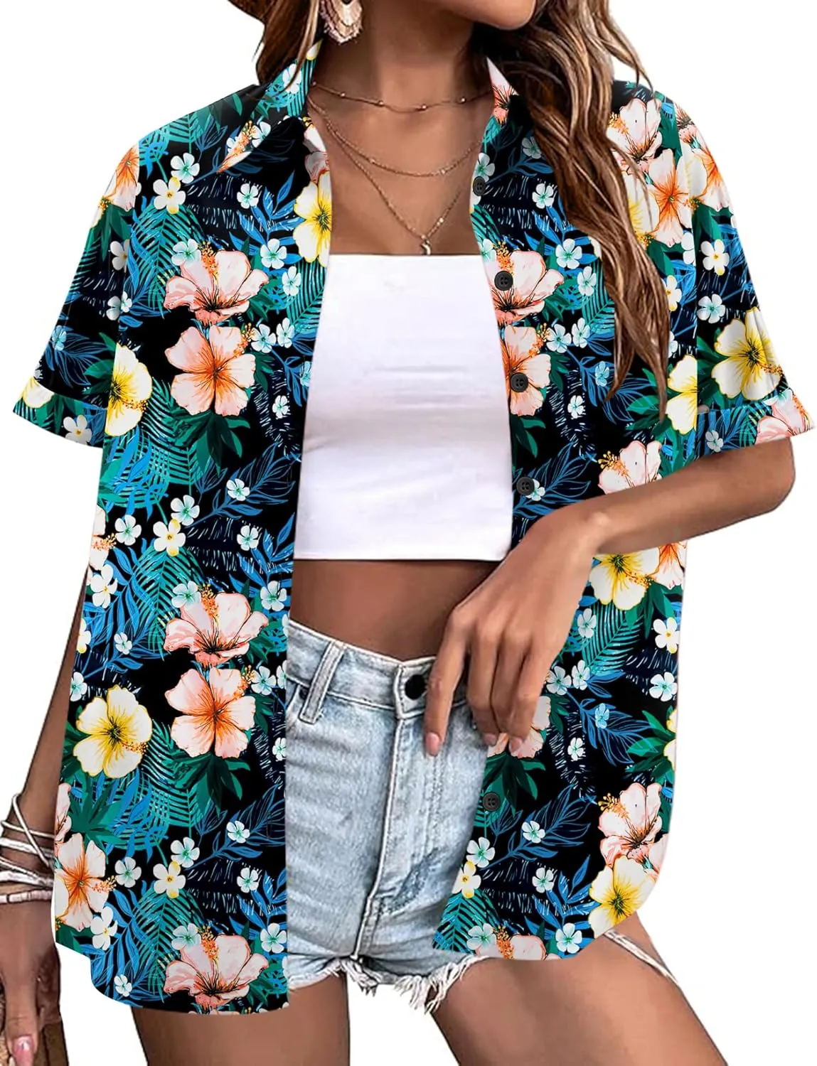 LOMON Women's Summer Hawaiian Shirts Floral Short Sleeve Button Down Shirts Hawaii Tropical Beach Tops Outfits