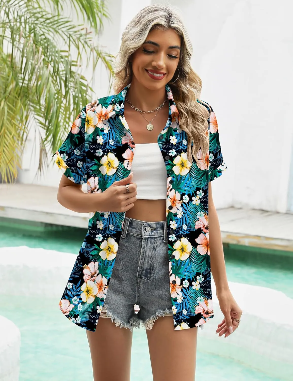 LOMON Women's Summer Hawaiian Shirts Floral Short Sleeve Button Down Shirts Hawaii Tropical Beach Tops Outfits