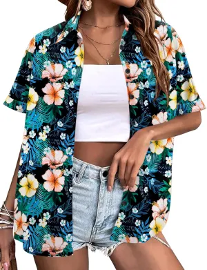 LOMON Women's Summer Hawaiian Shirts Floral Short Sleeve Button Down Shirts Hawaii Tropical Beach Tops Outfits