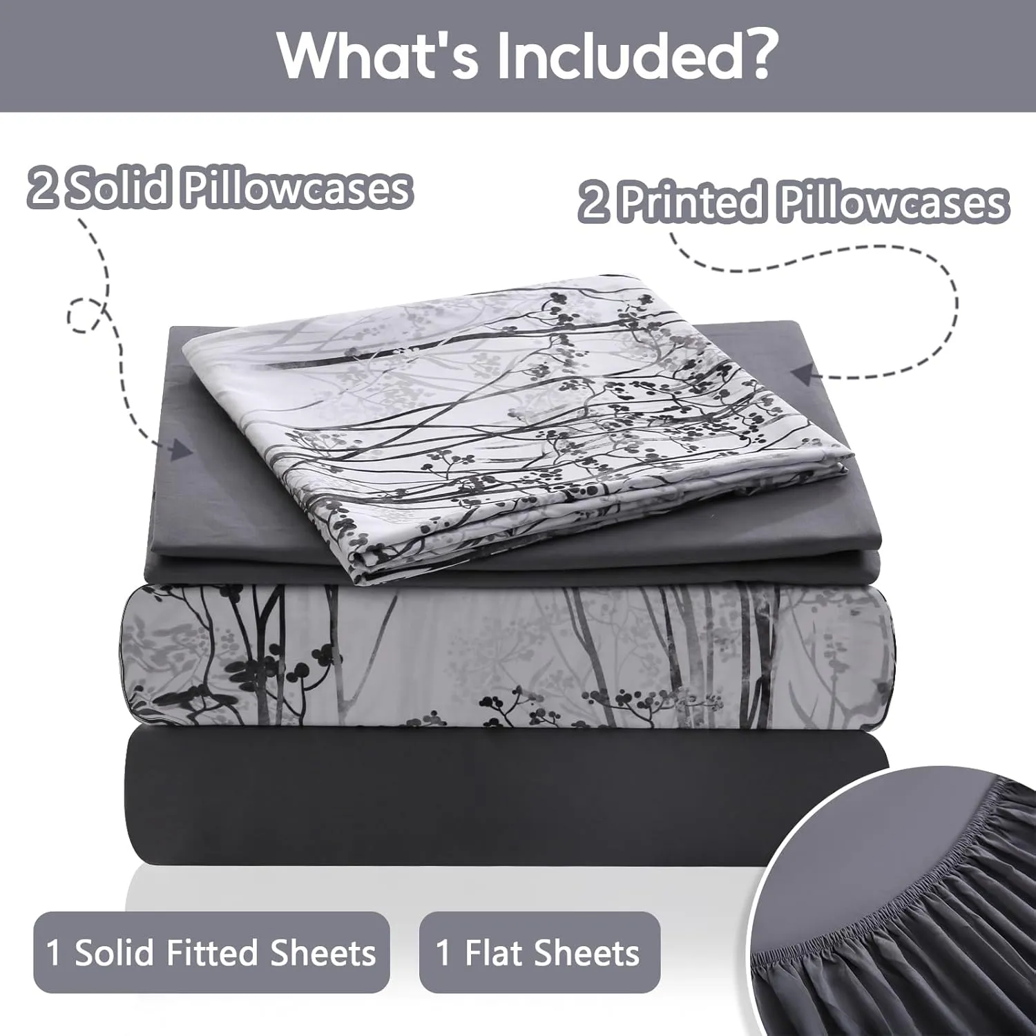 LONAVA King Size Bed Sheet Set, 6 Piece, Deep Pocket Dark Grey Fitted Sheet, Comfy & Breathable Patterned Flat Sheets, Premium Microfiber, Misty Forest Printed