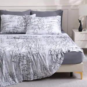 LONAVA King Size Bed Sheet Set, 6 Piece, Deep Pocket Dark Grey Fitted Sheet, Comfy & Breathable Patterned Flat Sheets, Premium Microfiber, Misty Forest Printed