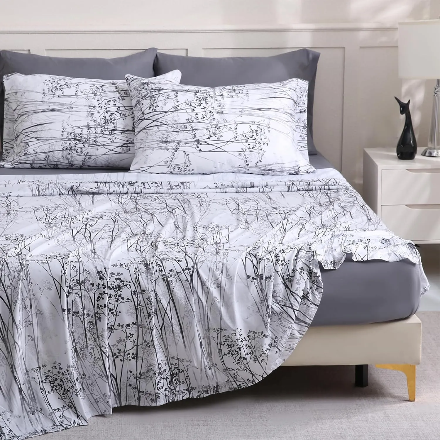 LONAVA King Size Bed Sheet Set, 6 Piece, Deep Pocket Dark Grey Fitted Sheet, Comfy & Breathable Patterned Flat Sheets, Premium Microfiber, Misty Forest Printed