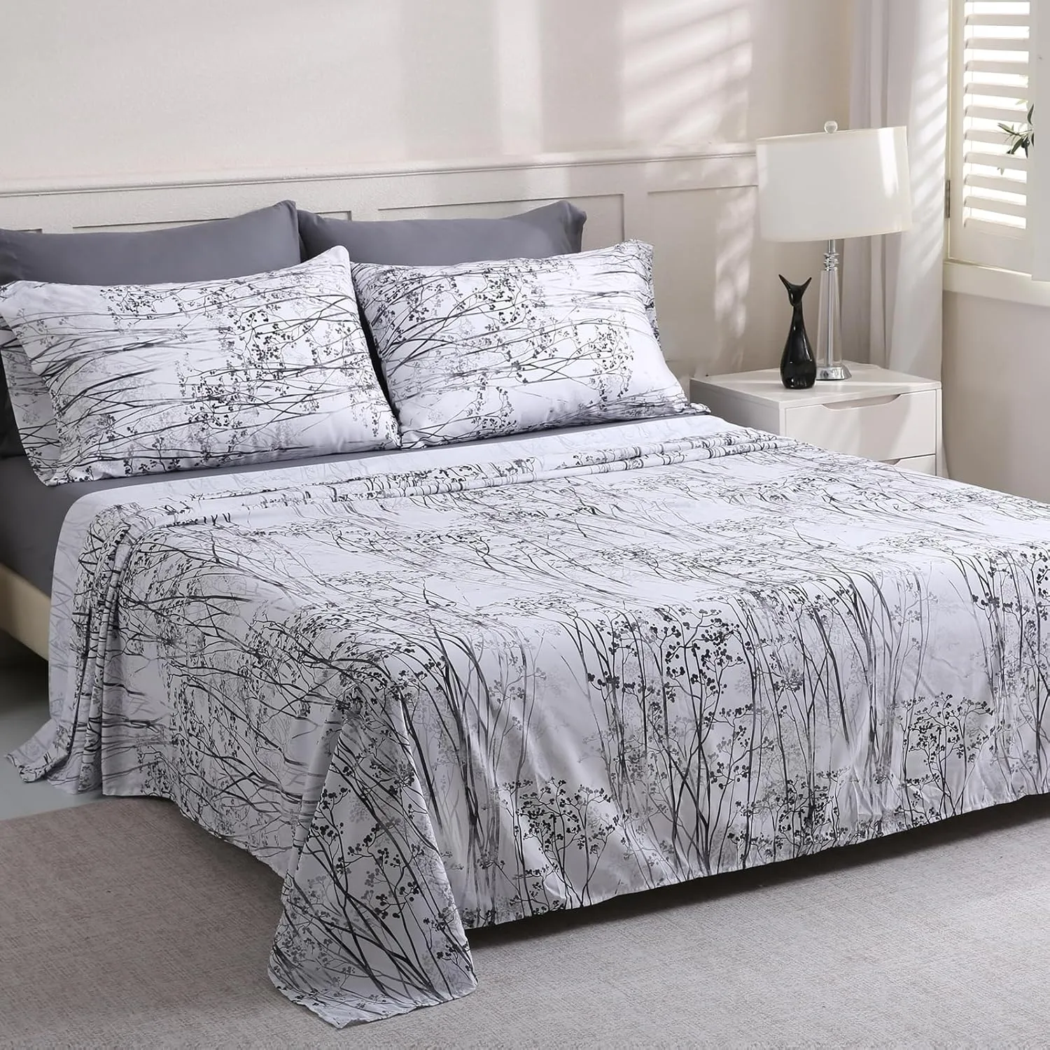 LONAVA King Size Bed Sheet Set, 6 Piece, Deep Pocket Dark Grey Fitted Sheet, Comfy & Breathable Patterned Flat Sheets, Premium Microfiber, Misty Forest Printed