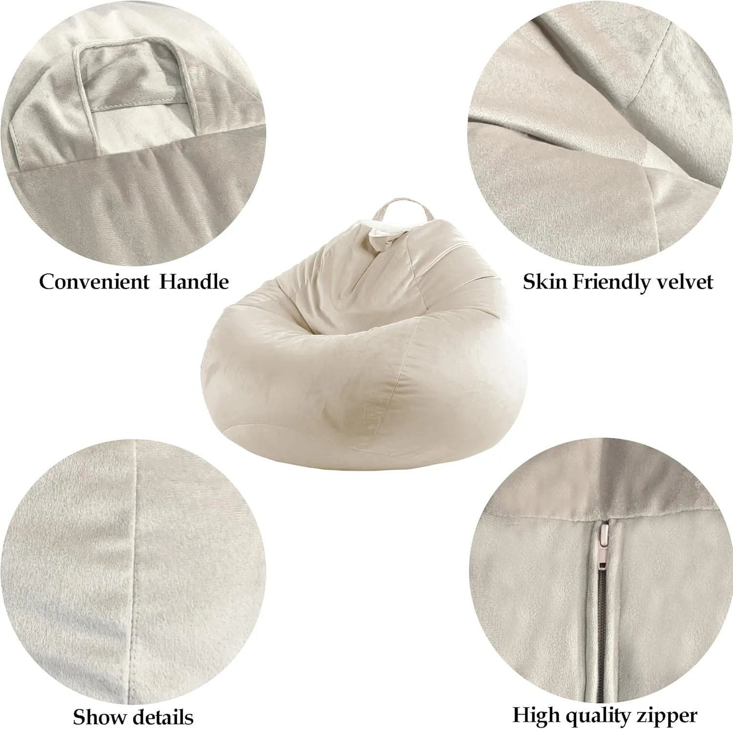 LPMOERA Stuffed Animal Storage Bean Bag Chair Cover (No Filler) Zipper Soft Fuzzy Fluffy Stuffable Bean Bag Cover for Organizing Children Plush Toys or Memory Beige Small