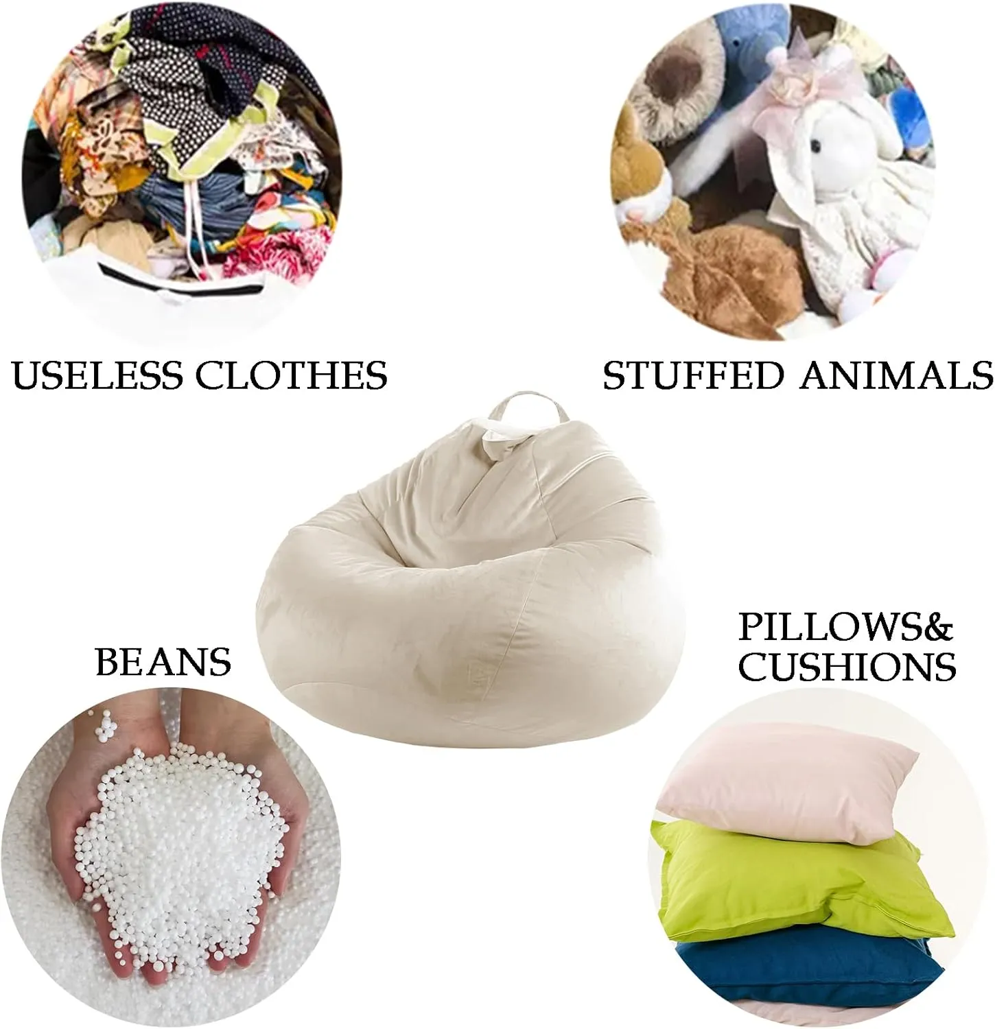 LPMOERA Stuffed Animal Storage Bean Bag Chair Cover (No Filler) Zipper Soft Fuzzy Fluffy Stuffable Bean Bag Cover for Organizing Children Plush Toys or Memory Beige Small