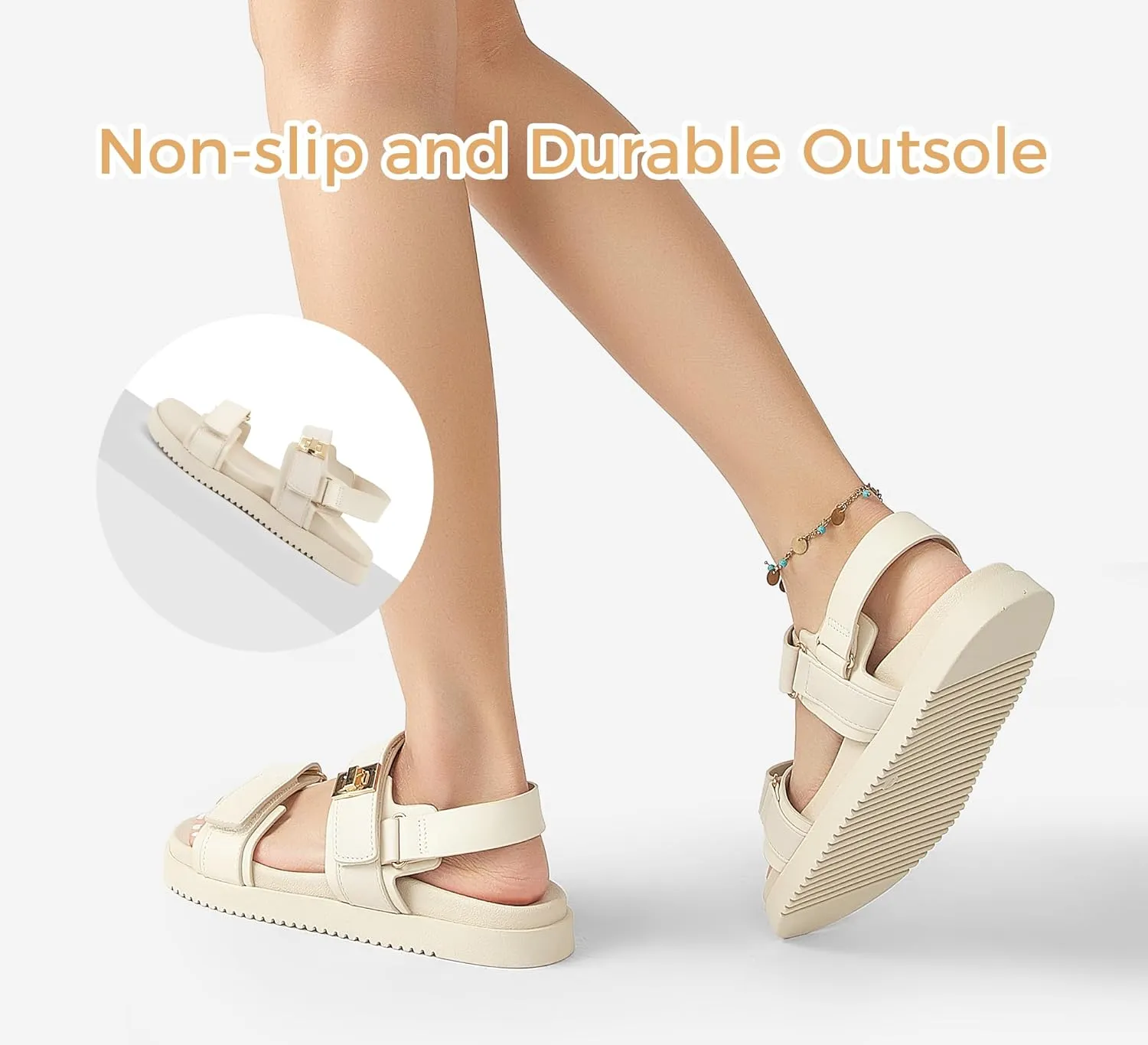 LUCKY STEP Women's Flat Sandals Casual Open Toe Beach Sandals Adjustable Double Strap Summer Sandals