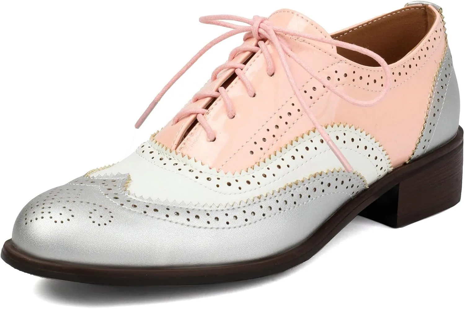 LUXMAX Women Lace Up Oxford Shoes Flats Wingtip Brogues Shoes Low Chunky Heel Vintage Saddle Shoes