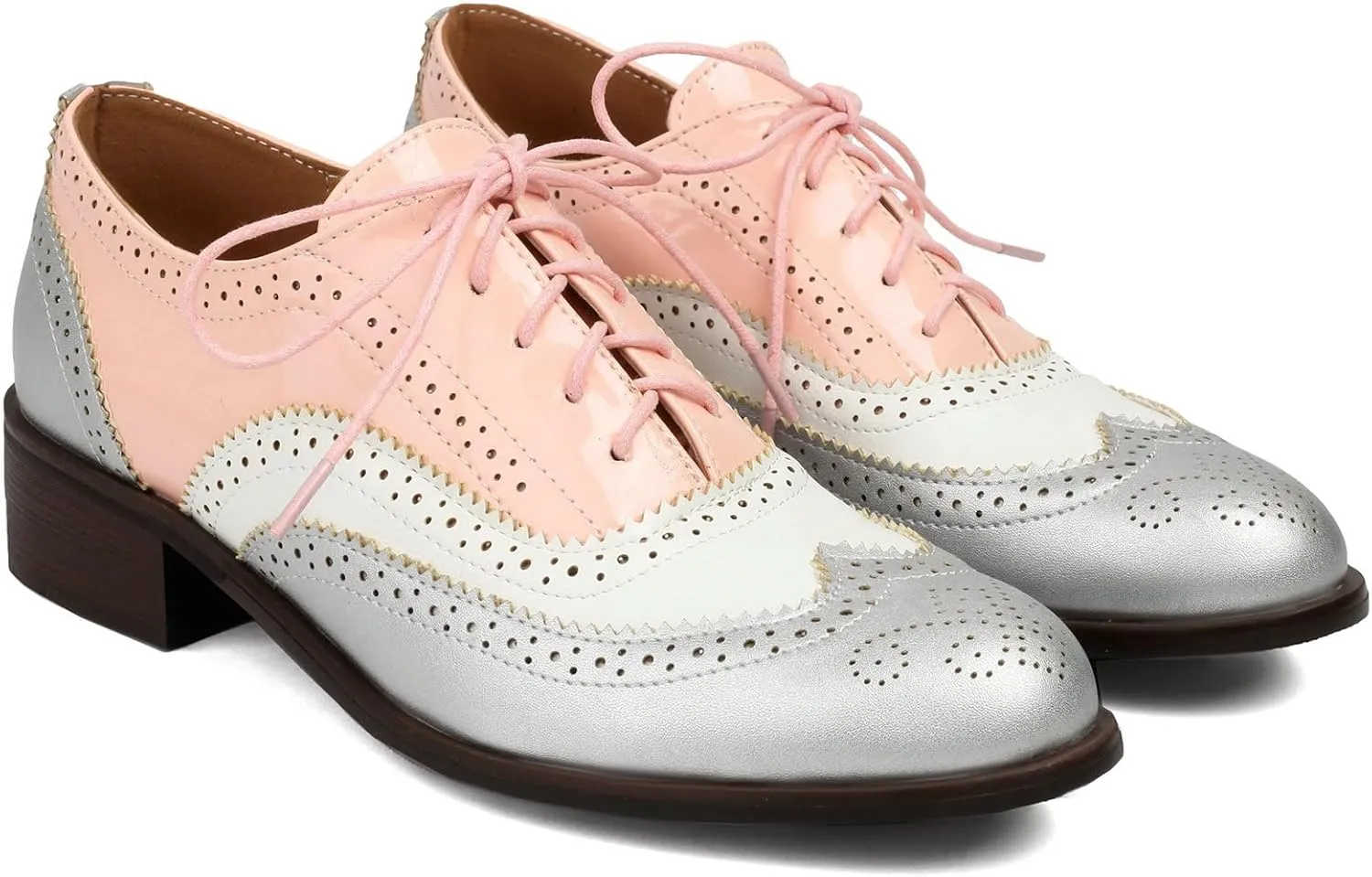 LUXMAX Women Lace Up Oxford Shoes Flats Wingtip Brogues Shoes Low Chunky Heel Vintage Saddle Shoes