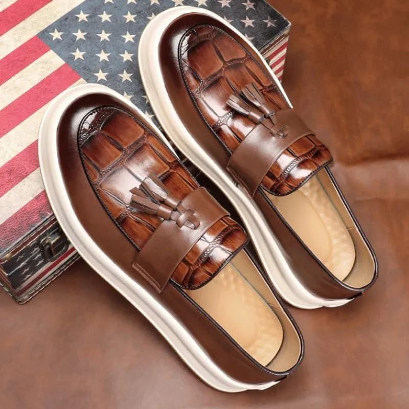 Luxury Men's Leather Penny Loafers with Chunky Platform, Round Toe, and Slip-On Tassel Design for Daily Office and Business Occasions
