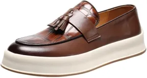 Luxury Men's Leather Penny Loafers with Chunky Platform, Round Toe, and Slip-On Tassel Design for Daily Office and Business Occasions