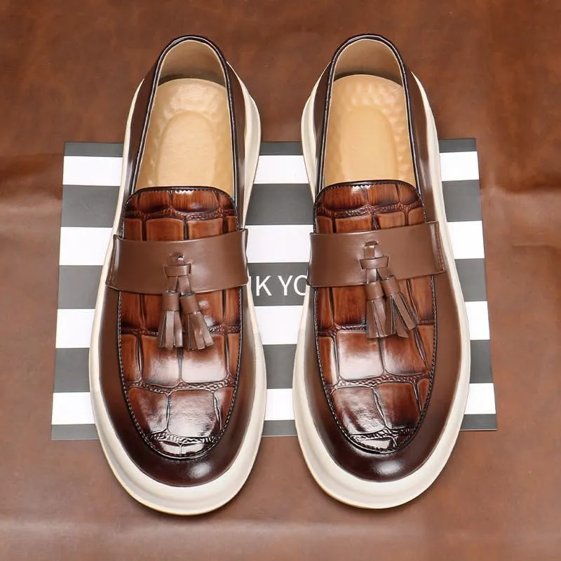 Luxury Men's Leather Penny Loafers with Chunky Platform, Round Toe, and Slip-On Tassel Design for Daily Office and Business Occasions