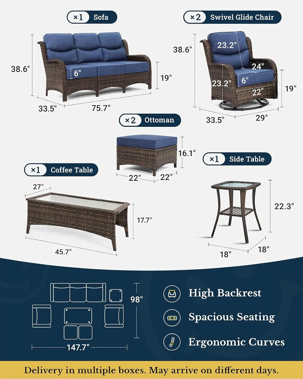 Luxury Patio Furniture Set with 6-inch Thick Cushion, Outdoor Couch and High Back Swivel Rocker Patio Chairs, 7PCS Wicker Conversation Set for Deck, Yard, and Poolside in Blue (V2)