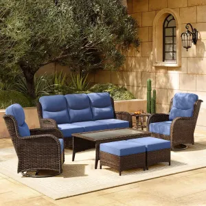 Luxury Patio Furniture Set with 6-inch Thick Cushion, Outdoor Couch and High Back Swivel Rocker Patio Chairs, 7PCS Wicker Conversation Set for Deck, Yard, and Poolside in Blue (V2)