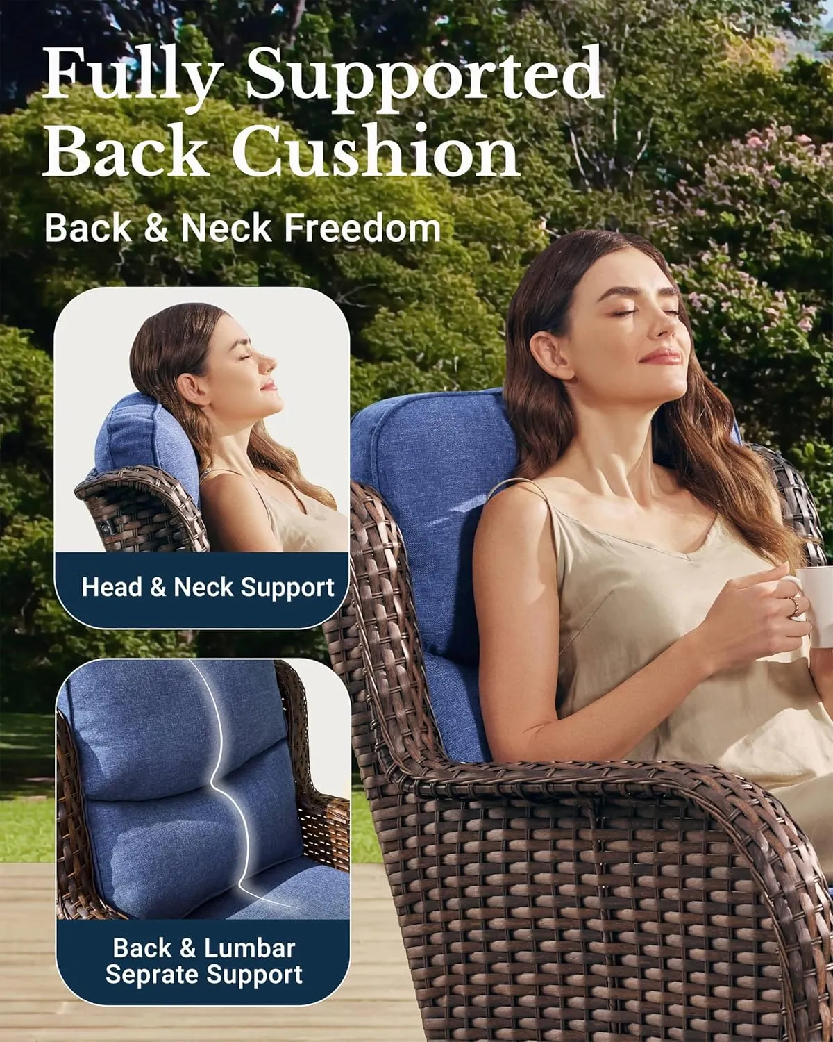 Luxury Patio Furniture Set with 6-inch Thick Cushion, Outdoor Couch and High Back Swivel Rocker Patio Chairs, 7PCS Wicker Conversation Set for Deck, Yard, and Poolside in Blue (V2)