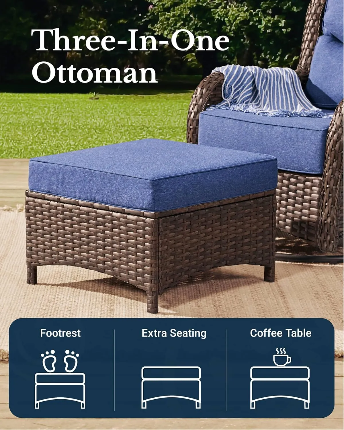 Luxury Patio Furniture Set with 6-inch Thick Cushion, Outdoor Couch and High Back Swivel Rocker Patio Chairs, 7PCS Wicker Conversation Set for Deck, Yard, and Poolside in Blue (V2)