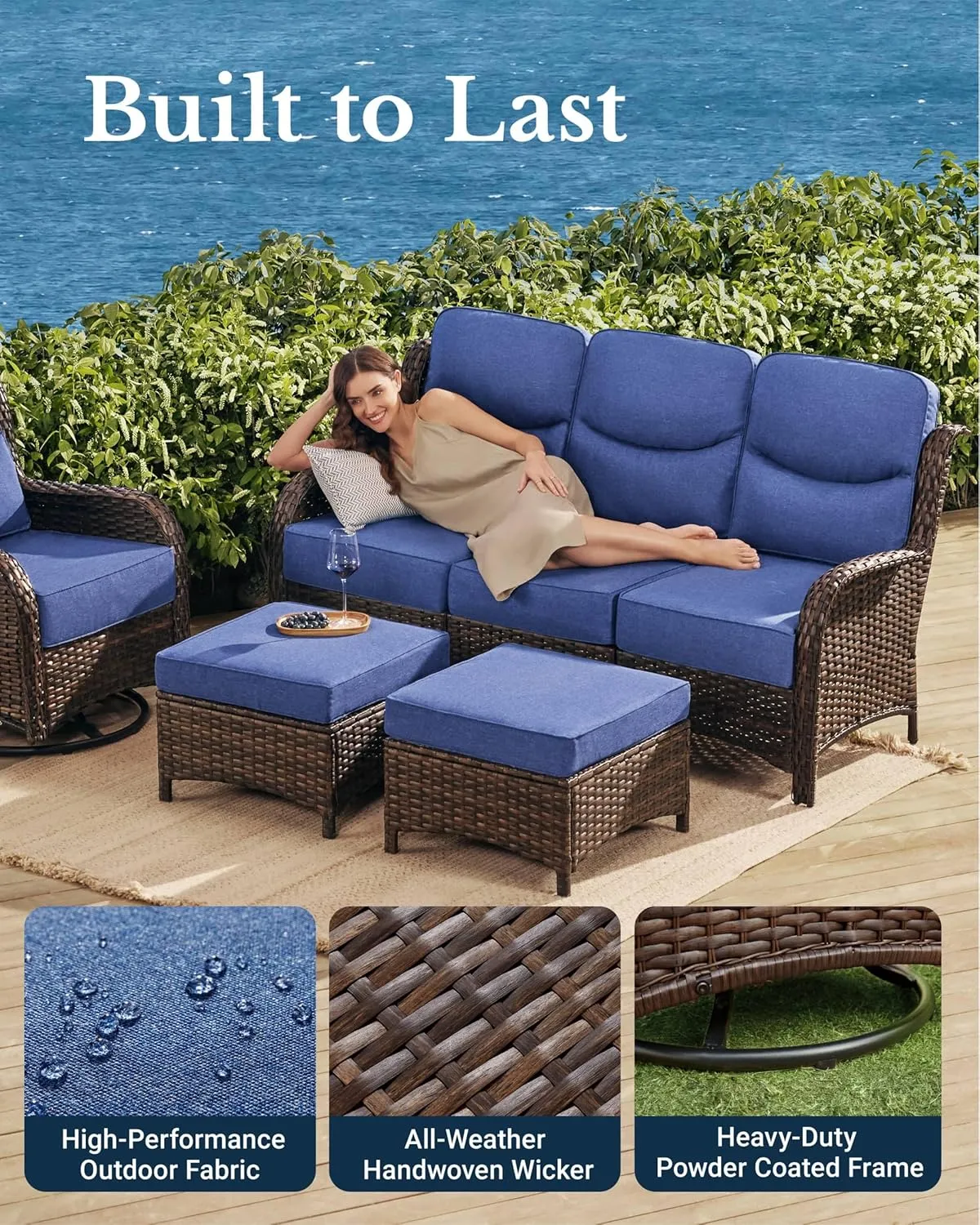 Luxury Patio Furniture Set with 6-inch Thick Cushion, Outdoor Couch and High Back Swivel Rocker Patio Chairs, 7PCS Wicker Conversation Set for Deck, Yard, and Poolside in Blue (V2)