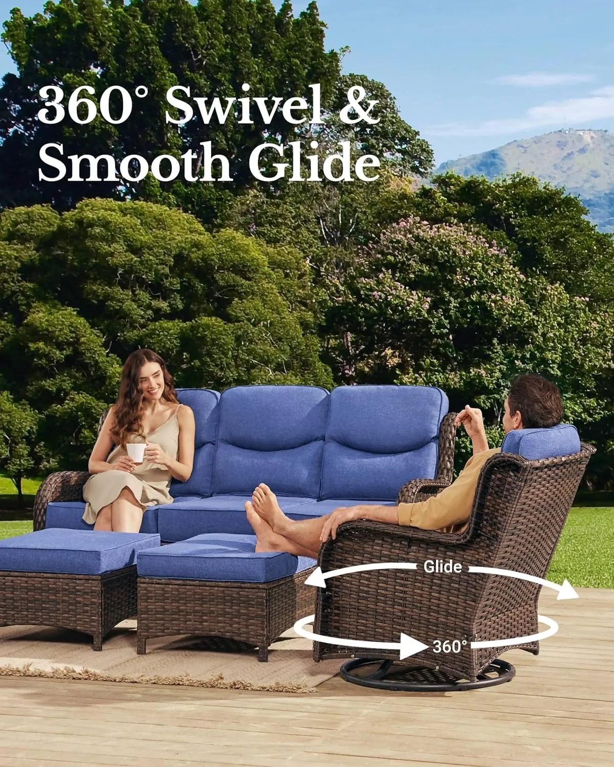 Luxury Patio Furniture Set with 6-inch Thick Cushion, Outdoor Couch and High Back Swivel Rocker Patio Chairs, 7PCS Wicker Conversation Set for Deck, Yard, and Poolside in Blue (V2)