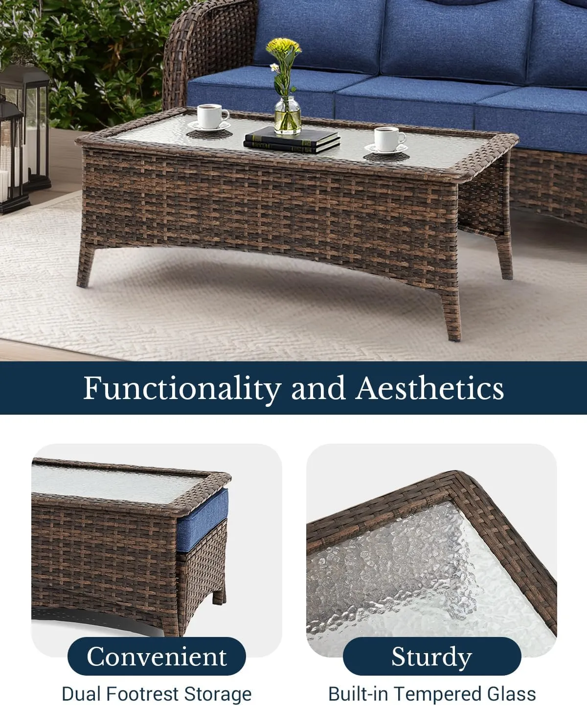 Luxury Patio Furniture Set with 6-inch Thick Cushion, Outdoor Couch and High Back Swivel Rocker Patio Chairs, 7PCS Wicker Conversation Set for Deck, Yard, and Poolside in Blue (V2)