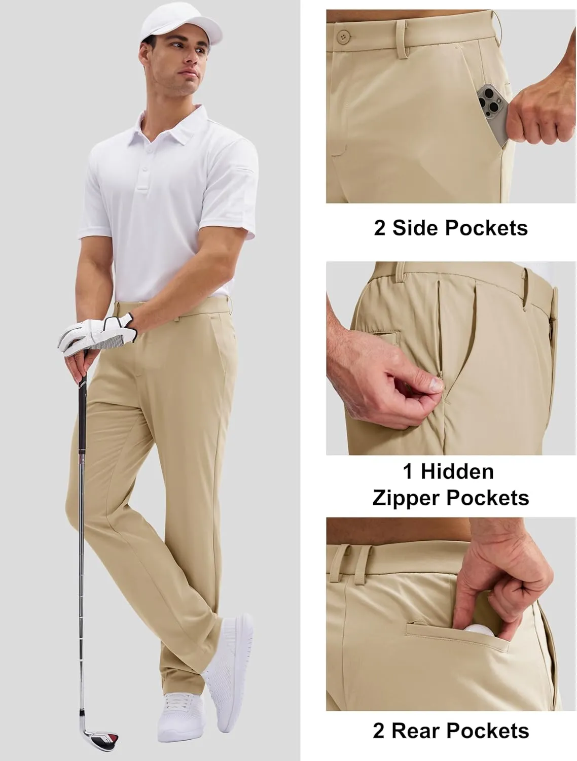 MAGCOMSEN Men's Golf Pants Classic Fit - 30"/32"/34" Stretch Water Resistant Quick Dry Flat Front Dress Pants with 5 Pockets