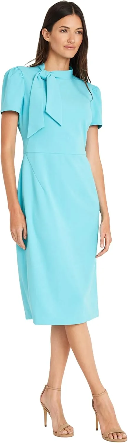 Maggy London Women's Midi Short Sleeve Sheath with Neck Tie Career Office Work Wear