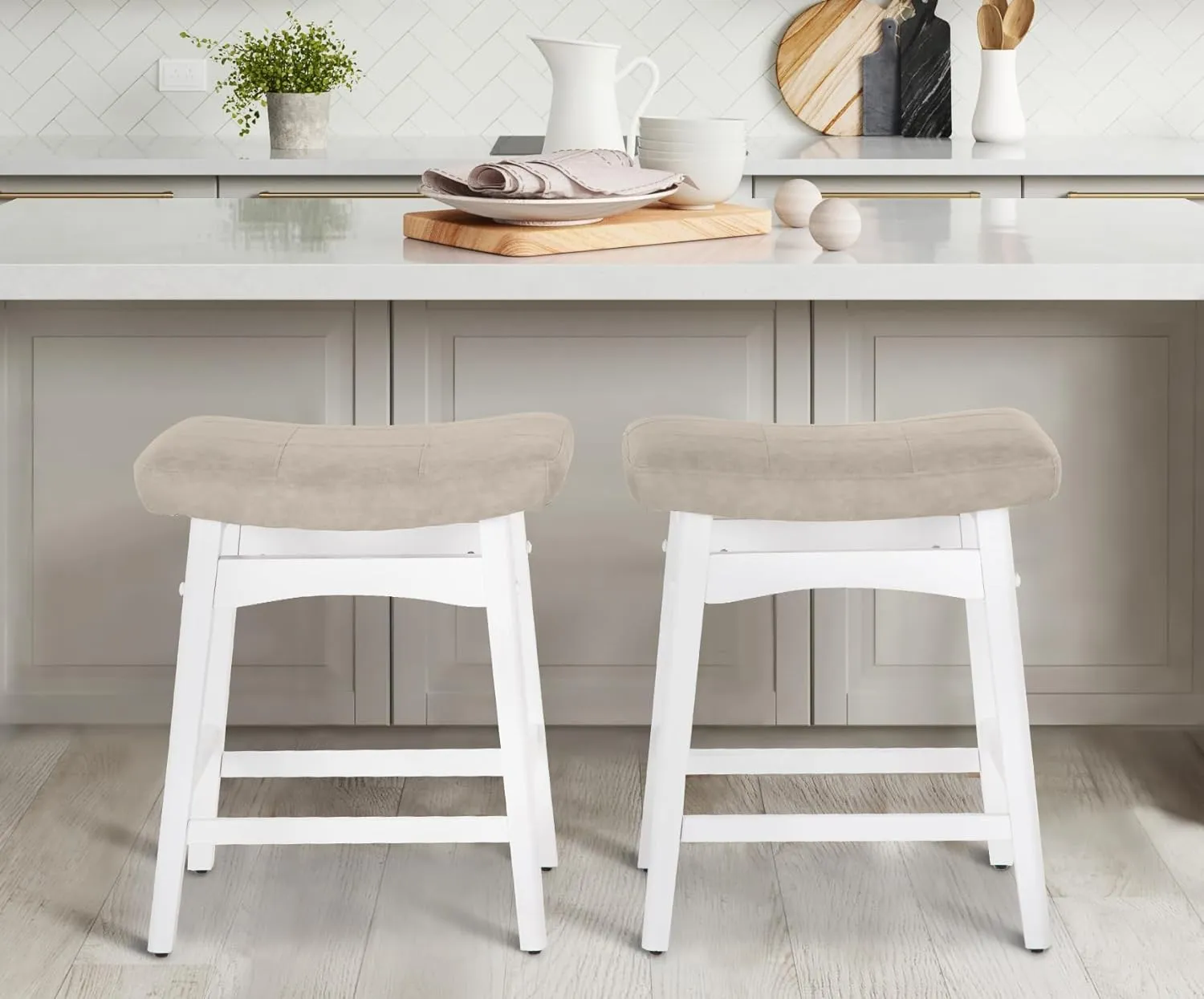 MAISON ARTS Beige Counter Height Bar Stools Set of 2 for Kitchen Counter Solid Wood Legs with Faux Leather Saddle Seat Farmhouse Barstools for 34"-38" Counter Island Upholstered Stools, 24in Height