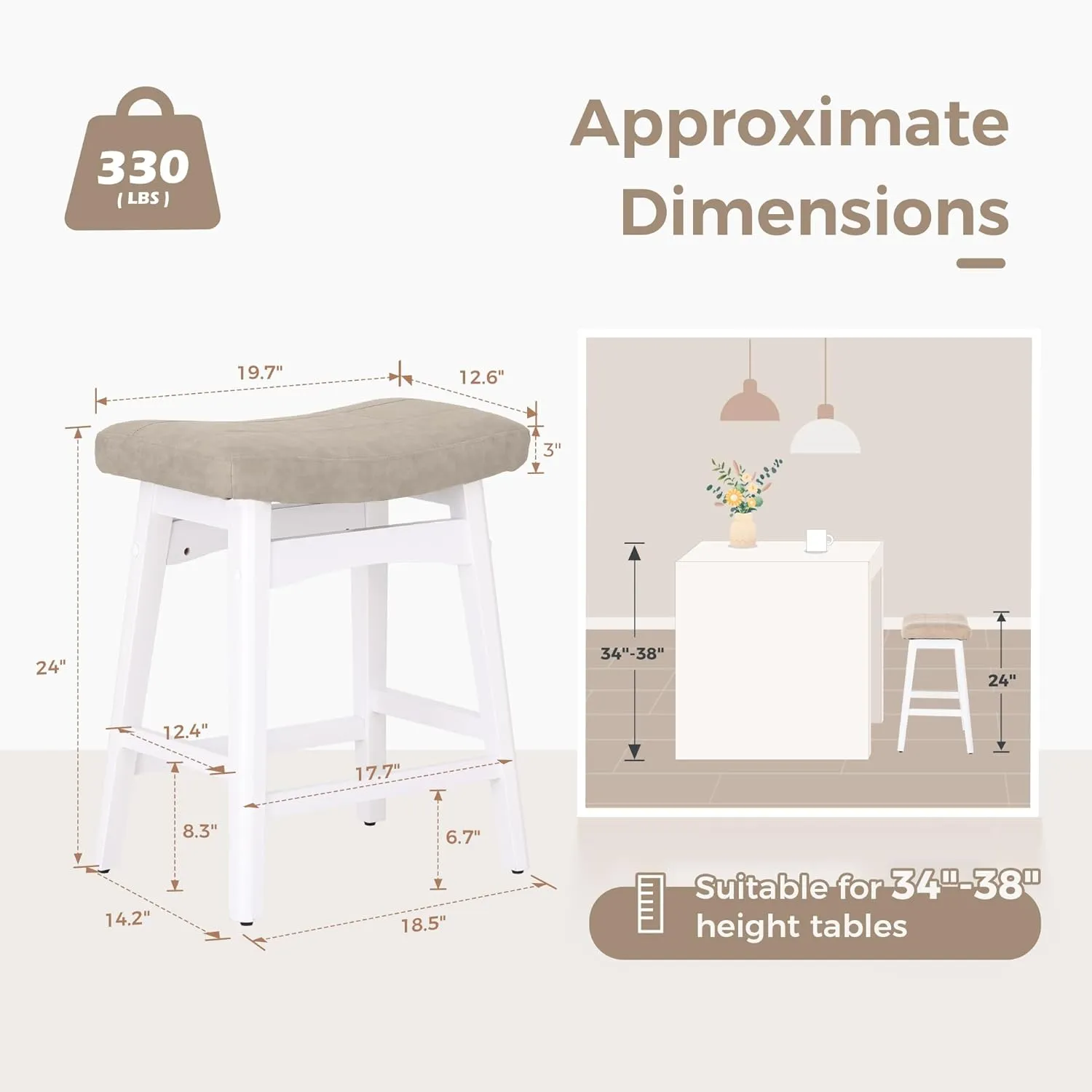 MAISON ARTS Beige Counter Height Bar Stools Set of 2 for Kitchen Counter Solid Wood Legs with Faux Leather Saddle Seat Farmhouse Barstools for 34"-38" Counter Island Upholstered Stools, 24in Height