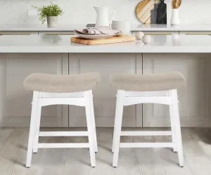 MAISON ARTS Beige Counter Height Bar Stools Set of 2 for Kitchen Counter Solid Wood Legs with Faux Leather Saddle Seat Farmhouse Barstools for 34"-38" Counter Island Upholstered Stools, 24in Height