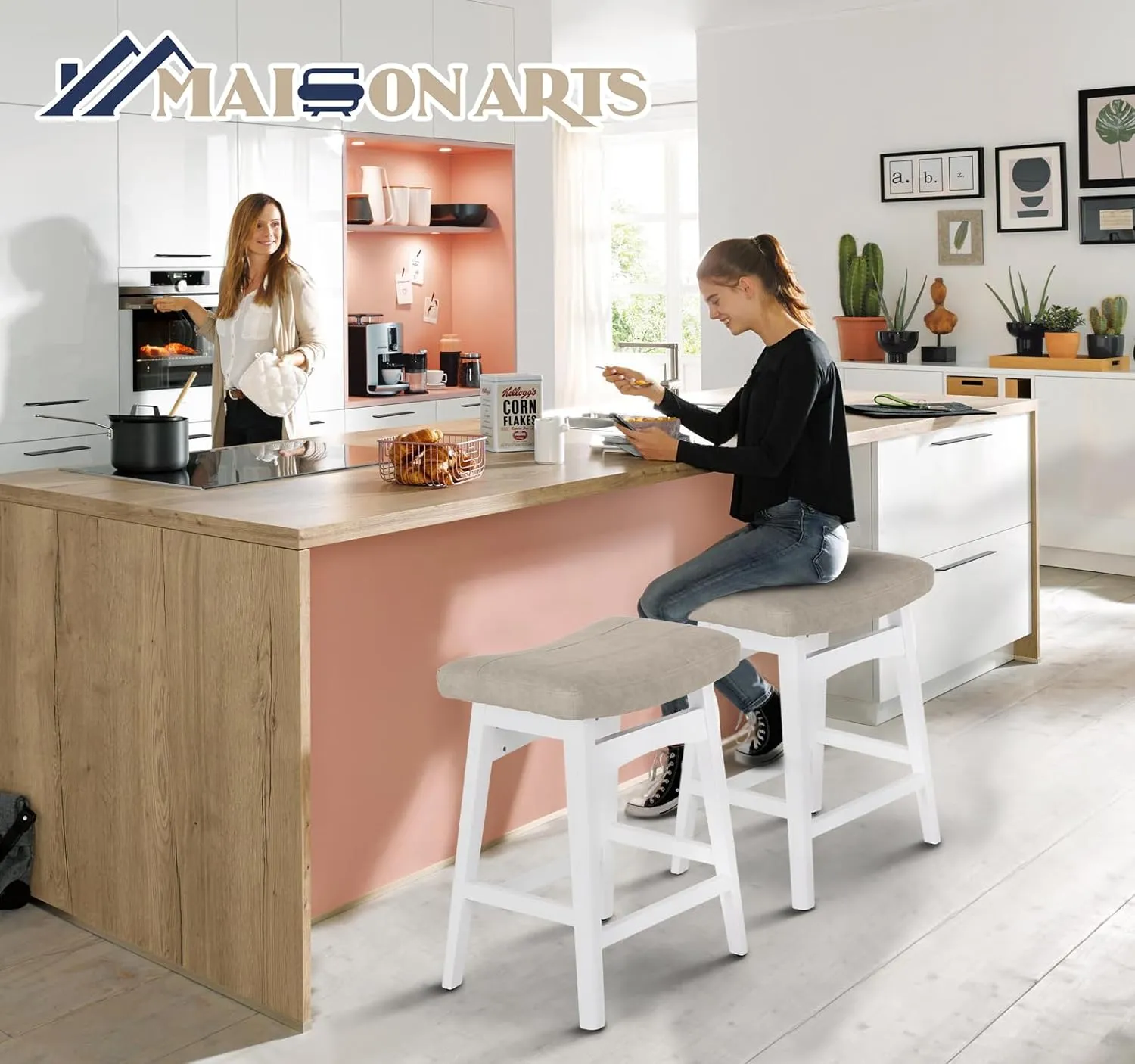 MAISON ARTS Beige Counter Height Bar Stools Set of 2 for Kitchen Counter Solid Wood Legs with Faux Leather Saddle Seat Farmhouse Barstools for 34"-38" Counter Island Upholstered Stools, 24in Height